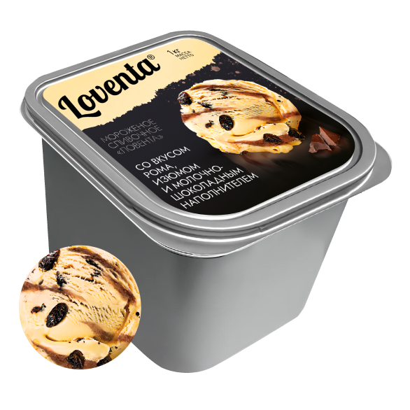 “LOVENTA” creamy rum-raisin-milk chocolate ice cream
